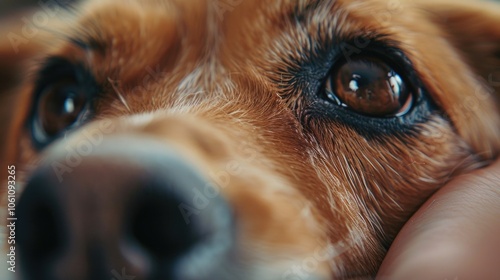 Up close of a human hand petting a brown dog, with focus on the dog's eyes. photo