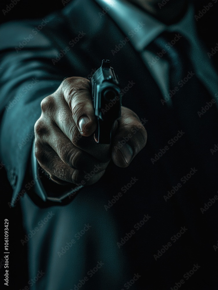 Man in suit with gun, threat, danger, crime, action, shooter, weaponry, black and white photography Man in suit with gun, threat, danger, crime, action, shooter, weaponry, black and white photography
