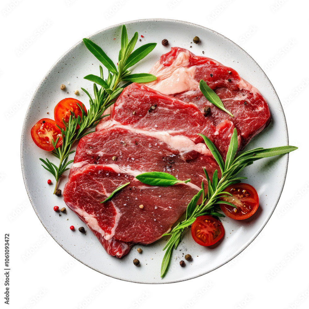 Fresh Raw Steaks with Herbs Spices and Cherry Tomatoes on a Plate Ready to Grill or Fry Healthy Food Concept Isolated on Transparency Background Top View Fresh Raw Steaks with Herbs Spices and Cherry Tomatoes on a Plate Ready to Grill or Fry Healthy Food Concept Isolated on Transparency Background Top View