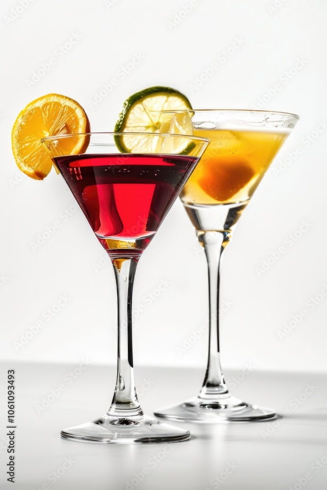 Three elegant martini glasses with ice, slices of fresh citrus and a strawberry daiquiri. Shaker in background. Three elegant martini glasses with ice, slices of fresh citrus and a strawberry daiquiri. Shaker in background.