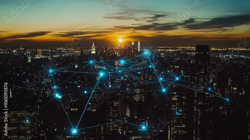 Smart digital city with connection cyber security network reciprocity over the cityscape . future smart wireless digital city and social media networking systems that connects people within the city