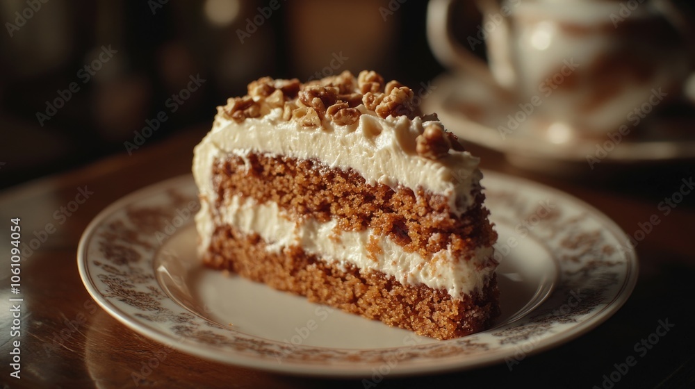 A slice of cinnamon swirl cheesecake on a decorative dessert plate. A slice of cinnamon swirl cheesecake on a decorative dessert plate.