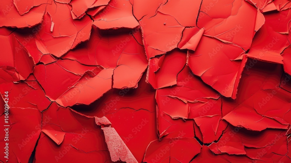 Close-up of torn red paper with texture and cracked edges. Abstract art background. Red paper confetti on a gray backdrop. Close-up of torn red paper with texture and cracked edges. Abstract art background. Red paper confetti on a gray backdrop.
