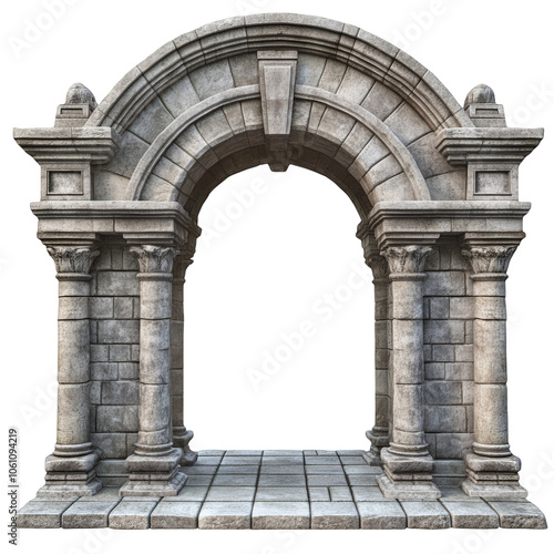 Ancient stone arch with columns and tiled floor isolated on Transparency Background fantasy architecture medieval entrance portal historic building element antique gateway old architectural design