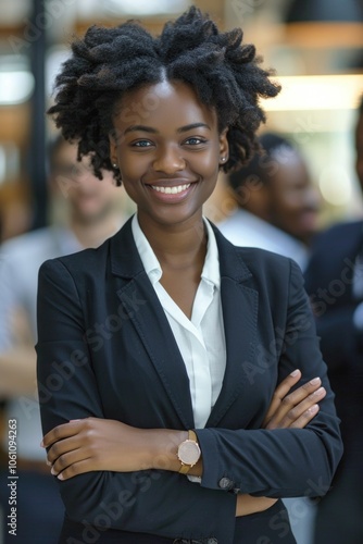 Smiling black woman with natural hair and business attire standing confidently in an office setting.