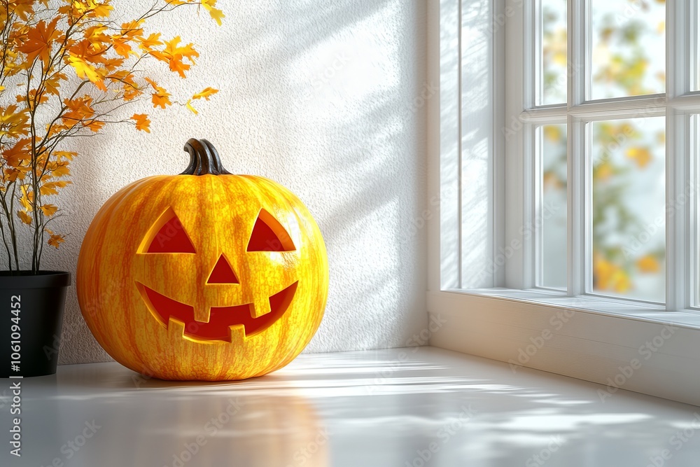 Fototapeta premium Halloween pumpkin, Jack O' Lantern with evil eyes, isolated on transparent background.