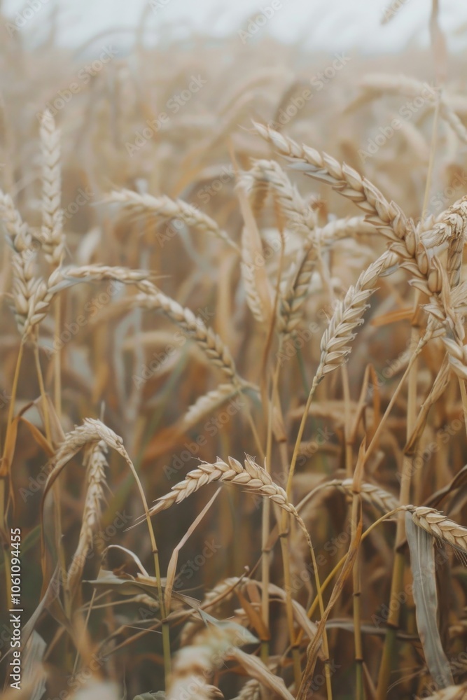 Fototapeta premium Field of harvested grain at dawn with misty atmosphere.