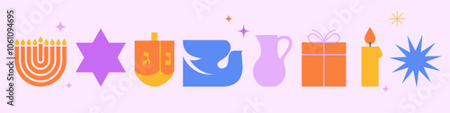 Menorah, dove, candles and dreidel icons set. Happy Hanukkah banner, background, poster. Modern illustrations for traditional holiday