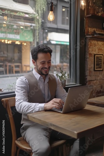 Man sitting at wooden table in modern cafe, working on laptop with smile on face. Casual and professional setting.