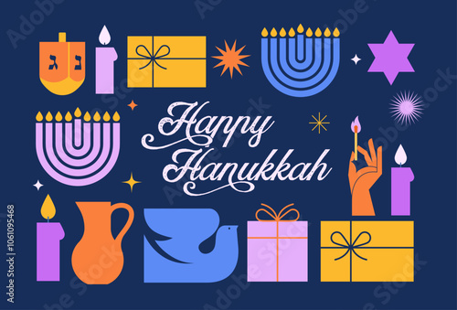 Happy Hanukkah banner, background, poster. Modern design for traditional holiday. Menorah, dove, candles and dreidel illustrations