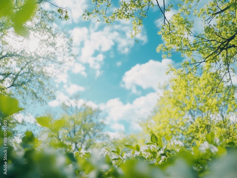 Cloudy sky through tree leaves. Trees are green. Cloudy sky through tree leaves. Trees are green.