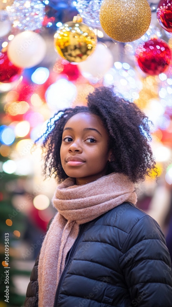 Festive portrait of a young woman with curly hair, wearing a winter coat and scarf, surrounded by colorful Christmas ornaments and twinkling lights. Festive portrait of a young woman with curly hair, wearing a winter coat and scarf, surrounded by colorful Christmas ornaments and twinkling lights.