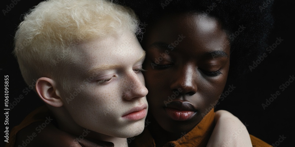 Two identical individuals showcasing the diversity of human skin tone and beauty. Two identical individuals showcasing the diversity of human skin tone and beauty.