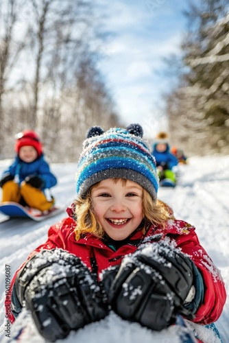 Winter excitement: joyful children embracing the cold season, their laughter filling the air as they relish every moment of holidays and weekends, capturing the playful essence of carefree winter fun.