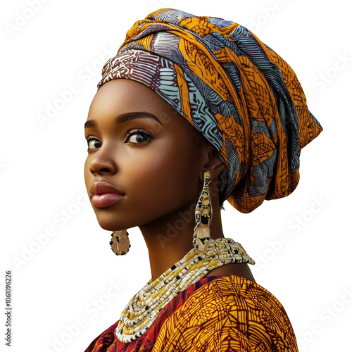 Beautiful African Woman wearing Traditional Clothes and Jewelry fashion portrait black woman with colorful head wrap and ethnic accessories cultural representation diversity and inclusion concept