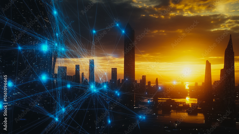 Smart digital city with connection cyber security network reciprocity over the cityscape . future smart wireless digital city and social media networking systems that connects people within the city