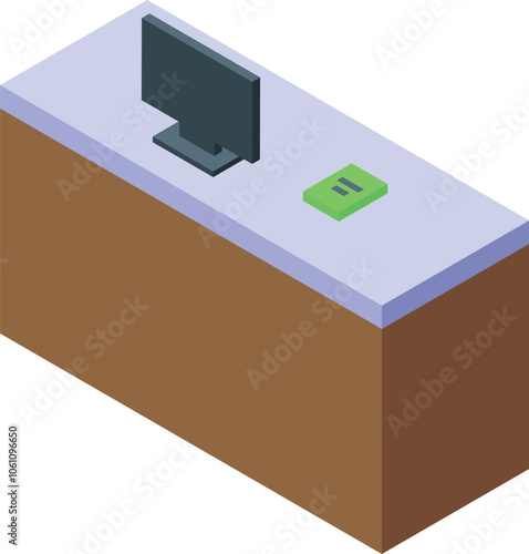 Reception desk featuring computer monitor and payment terminal in isometric view