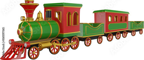 isolated 3d steam train side view. christmas green, gold and red toy train realistic illustration