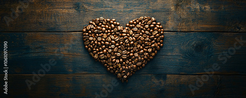 Closeup fresh roasted Arabian or aroma coffee beans on shape of heart. Organic coffee concept background. Top view, flat lay backdorp with copy space photo