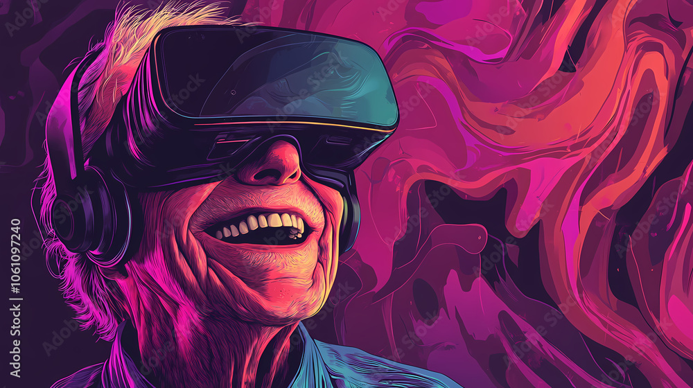 An elderly man smiling while wearing a virtual reality headset. Virtual Reality Console. Illustration An elderly man smiling while wearing a virtual reality headset. Virtual Reality Console. Illustration