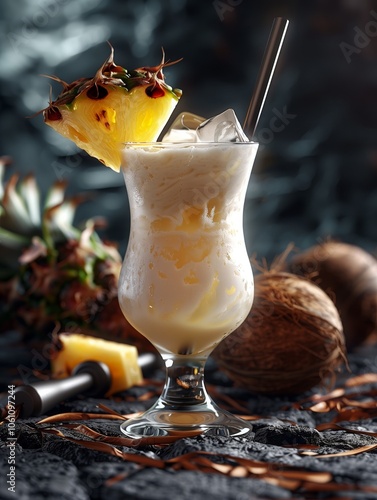 Piña Colada with Fresh Pineapple Garnish in Tropical Setting photo