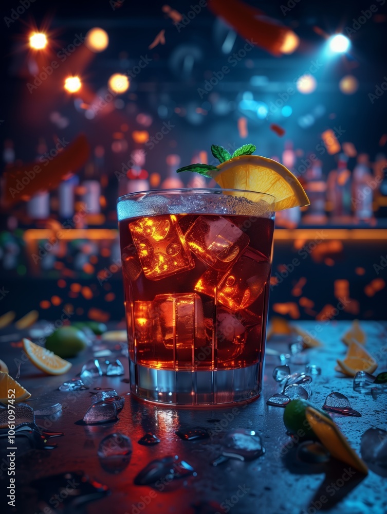 Long Island Iced Tea on a Bar Counter with a Vibrant Club Atmosphere Long Island Iced Tea on a Bar Counter with a Vibrant Club Atmosphere