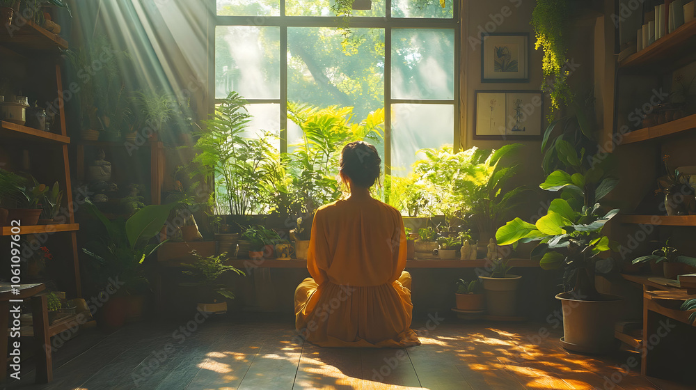 Woman in Yellow Dress Sitting by Window with Sunlight Streaming Through Plants Illustration Woman in Yellow Dress Sitting by Window with Sunlight Streaming Through Plants Illustration