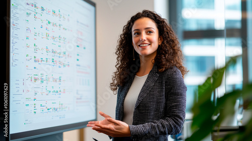 Free Download Business Casual Woman Explaining Data Analytics in Tech Office - GFXLoad
