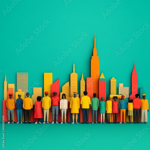 Paper cutout people stand in front of a city skyline.