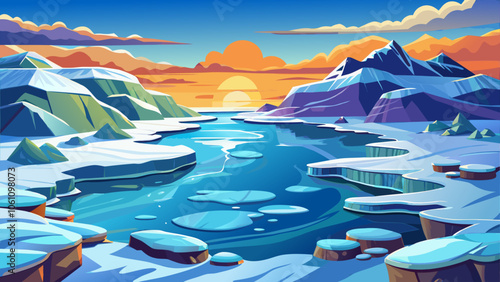 Serene winter landscape featuring icy mountains and a tranquil river at sunset over a frozen terrain