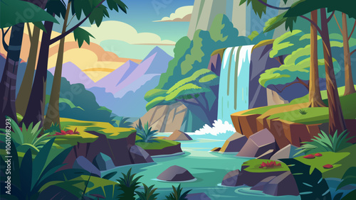 A tranquil waterfall cascading into a serene river surrounded by lush greenery and majestic mountains during sunset