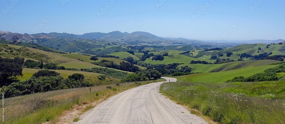 Fototapeta premium Scenic country road winding through lush rolling hills and verdant meadows in a picturesque rural landscape with mountain views on the horizon