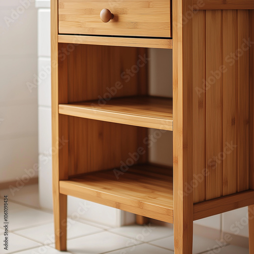 An aspect of kitchen decor showcasing light birch shelving within a cupboard for dishware and kitchenware. White wall