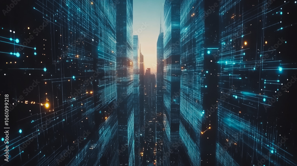 Smart digital city with connection cyber security network reciprocity over the cityscape . future smart wireless digital city and social media networking systems that connects people within the city Smart digital city with connection cyber security network reciprocity over the cityscape . future smart wireless digital city and social media networking systems that connects people within the city
