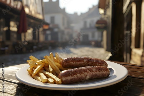 lose-up of two Fricadelles on crispy French fries, served on a simple white plate on a terrace table in a quaint French Flemish town square with blurred traditional buildings photo