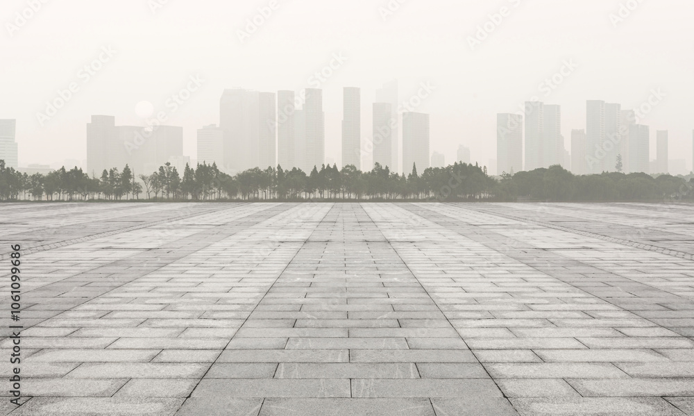 Misty Urban Landscape with Silhouette of Modern Skyscrapers Misty Urban Landscape with Silhouette of Modern Skyscrapers