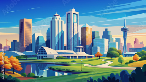 Scenic View of Plano Texas Skyline with Modern Architecture and Clear Blue Sky in Daylight