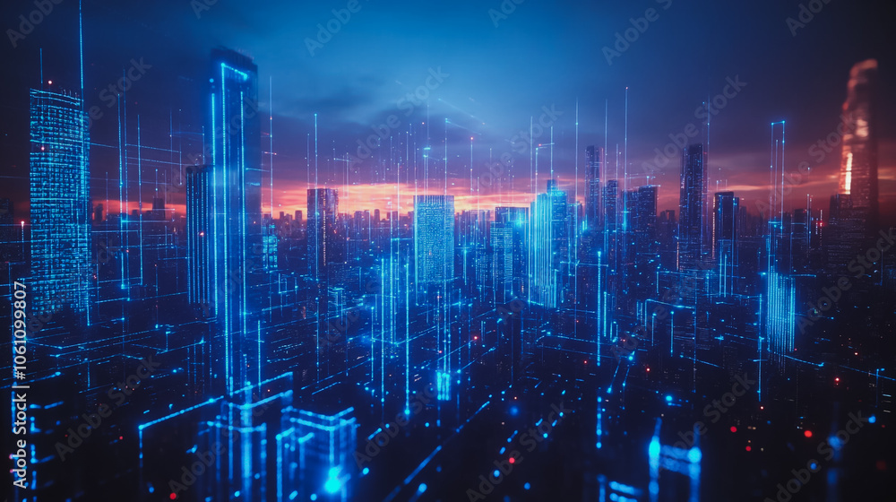 Smart digital city with connection cyber security network reciprocity over the cityscape . future smart wireless digital city and social media networking systems that connects people within the city Smart digital city with connection cyber security network reciprocity over the cityscape . future smart wireless digital city and social media networking systems that connects people within the city