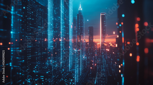 Smart digital city with connection cyber security network reciprocity over the cityscape . future smart wireless digital city and social media networking systems that connects people within the city