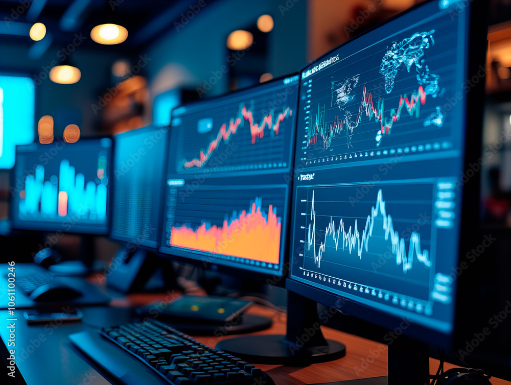 Multiple monitors displaying data analytics and graphs, symbolizing data monitoring and analysis in a tech workspace Multiple monitors displaying data analytics and graphs, symbolizing data monitoring and analysis in a tech workspace