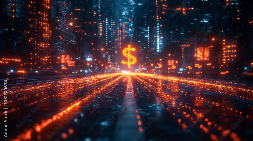 Dollar sign speeding along digital data highway Dollar sign speeding along digital data highway