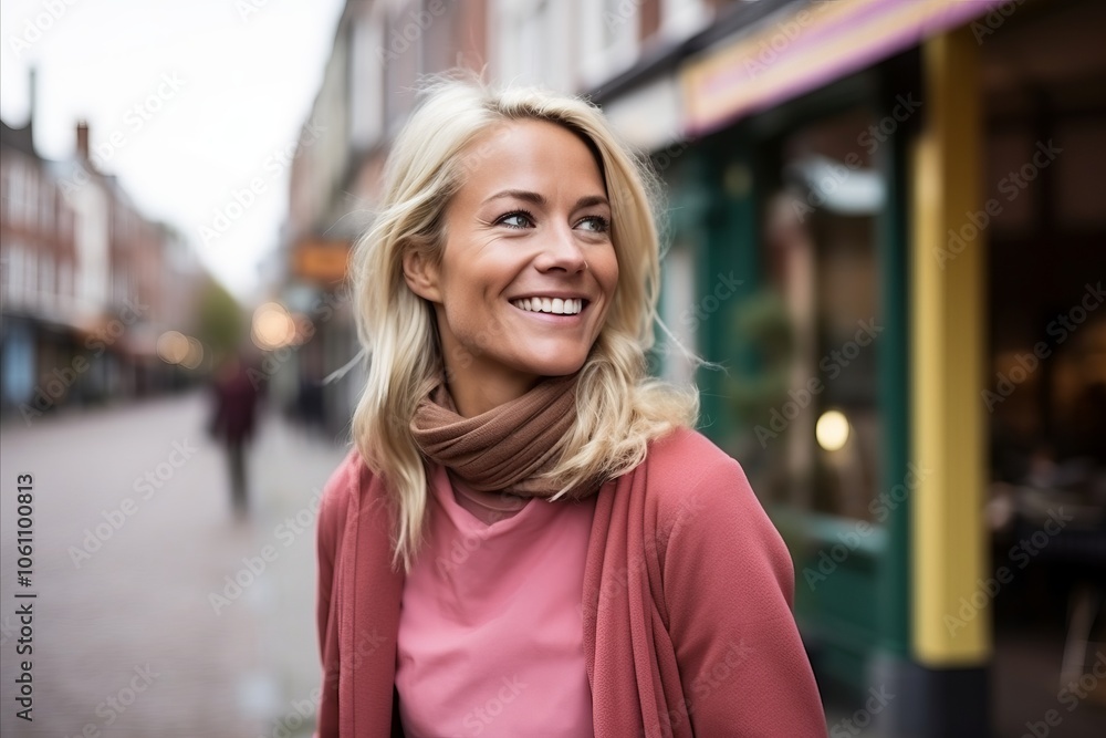 Beautiful blond woman walking in the city, wearing a pink coat Beautiful blond woman walking in the city, wearing a pink coat