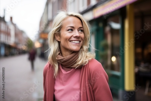 Beautiful blond woman walking in the city, wearing a pink coat