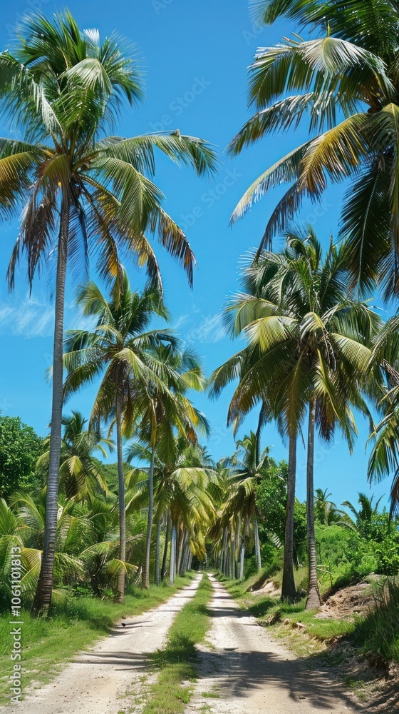 Lush Tropical Pathway Surrounded by Swaying Palm Trees and Vibrant Foliage in a Scenic Serene Paradise Captivating landscape with a winding trail leading through a verdant idyllic jungle setting Lush Tropical Pathway Surrounded by Swaying Palm Trees and Vibrant Foliage in a Scenic Serene Paradise Captivating landscape with a winding trail leading through a verdant idyllic jungle setting