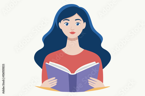 Young woman reading a book. Education, learning, preparing for exam concept. Flat vector illustration