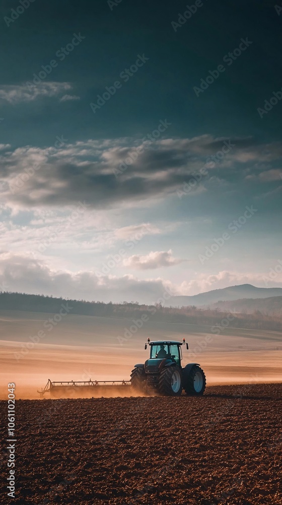 Obraz premium A modern tractor plowing a vast field with the first light of sunrise casting long shadows and golden hues, creating a dramatic and serene rural landscape 