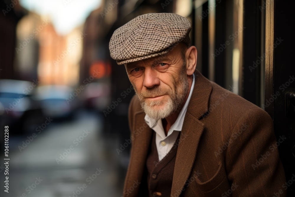 Portrait of an elderly man in a beret and coat on the street Portrait of an elderly man in a beret and coat on the street