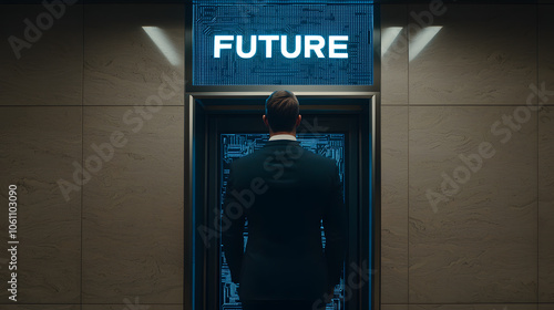 Businessman Stands in an Elevator Moving Upwards with Text Showing ‘Future’: A Symbolic Representation of Growth and Ambition