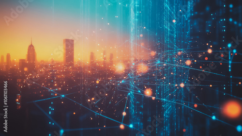 Smart digital city with connection cyber security network reciprocity over the cityscape . future smart wireless digital city and social media networking systems that connects people within the city