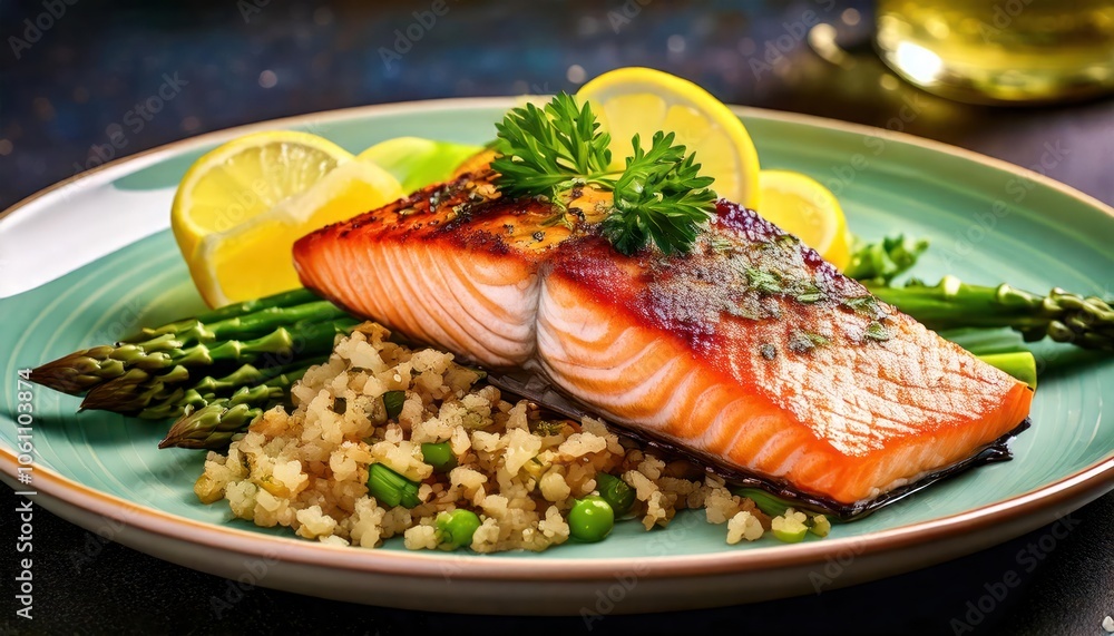 Grilled salmon with quinoa, asparagus, and lemon garnish on a ceramic plate Grilled salmon with quinoa, asparagus, and lemon garnish on a ceramic plate